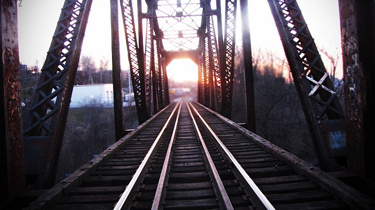Sun, paths, bridges, depth of field, railroads, railway, train tracks - desktop wallpaper