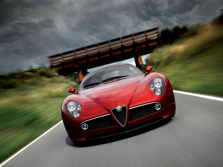 red, cars, bridges, front, Alfa Romeo, roads, vehicles, motion blur, Alfa Romeo 8C, red cars, blurred, Alfa Romeo 8C Competizione, front view, blurred background - desktop wallpaper