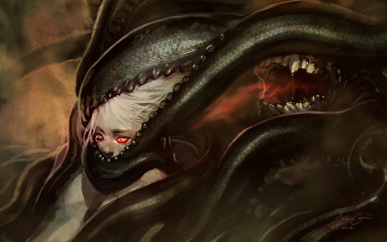 tentacles, Cthulhu, red eyes, artwork, Jason Chan - desktop wallpaper