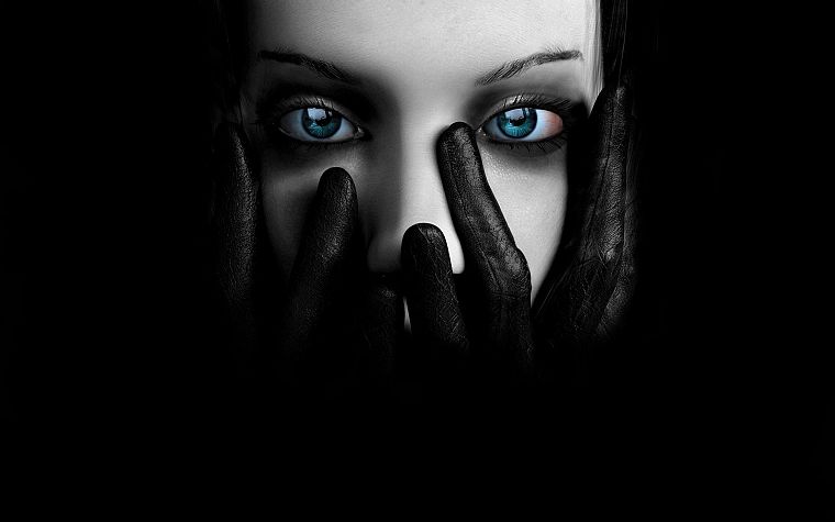 gloves, blue eyes, faces, black background - desktop wallpaper