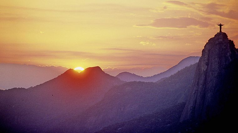sunset, mountains, silhouettes, Brazil, Rio De Janeiro, Cristo Redentor, Christ the Redeemer - desktop wallpaper