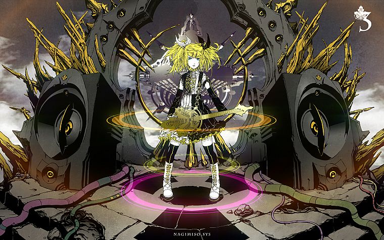 Vocaloid, Kagamine Rin, guitars, anime, detached sleeves, Roshin Yuukai (Meltdown) - desktop wallpaper