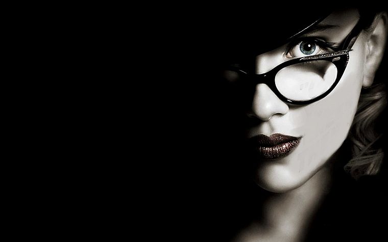 women, Scarlett Johansson, actress, glasses, The Spirit, selective coloring, hats, black background, girls with glasses - desktop wallpaper