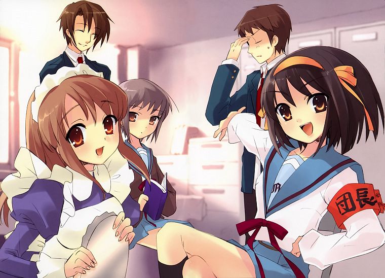 maids, school uniforms, Asahina Mikuru, Nagato Yuki, The Melancholy of Haruhi Suzumiya, Kyon, Suzumiya Haruhi - desktop wallpaper