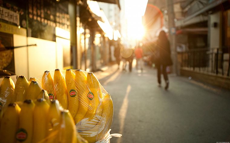fruits, sunlight, bananas, blurred background, streetscape - desktop wallpaper