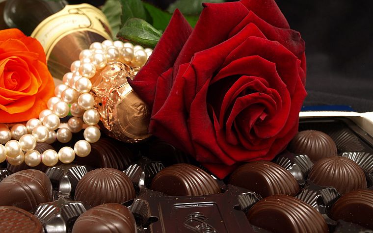 chocolate, food, sweets (candies), roses - desktop wallpaper
