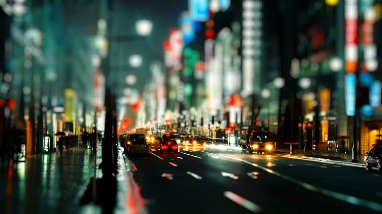 streets, rain, cars, urban, buildings, bokeh, city lights, tilt-shift, depth of field, nighttime, umbrellas, blurred - desktop wallpaper