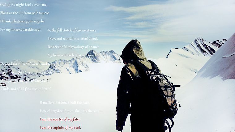 climbing, snow, text, poem, Invictus, hooded, backpacks - desktop wallpaper
