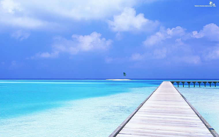 water, blue, ocean, clouds, sand, trees, dock, skyscapes - desktop wallpaper