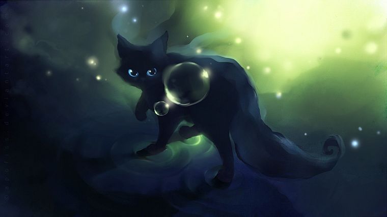 black, cats, animals, Black Cat, DeviantART, bubbles, artwork, Apofiss - desktop wallpaper