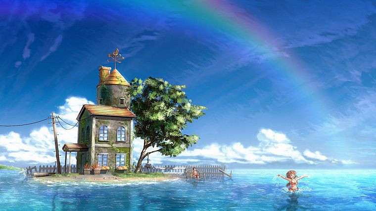 water, rainbows, house, anime girls - desktop wallpaper