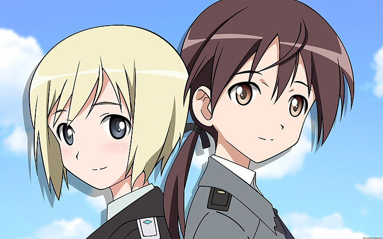 brunettes, blondes, clouds, Strike Witches, uniforms, army, military, blue eyes, long hair, brown eyes, short hair, blush, ponytails, Erica Hartmann, Gertrud Barkhorn, anime girls, faces, hair ornaments, skies, back to back - desktop wallpaper