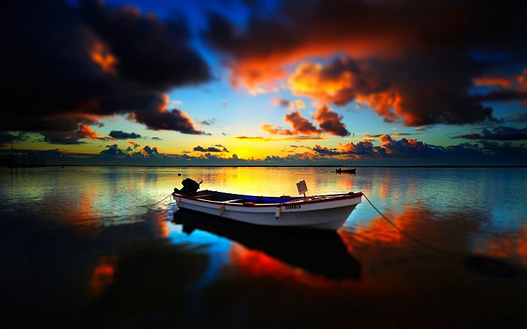 sunset, clouds, boats, vehicles - desktop wallpaper