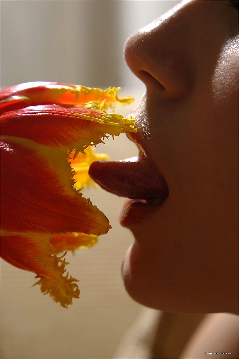 flowers, lips, tongue - desktop wallpaper