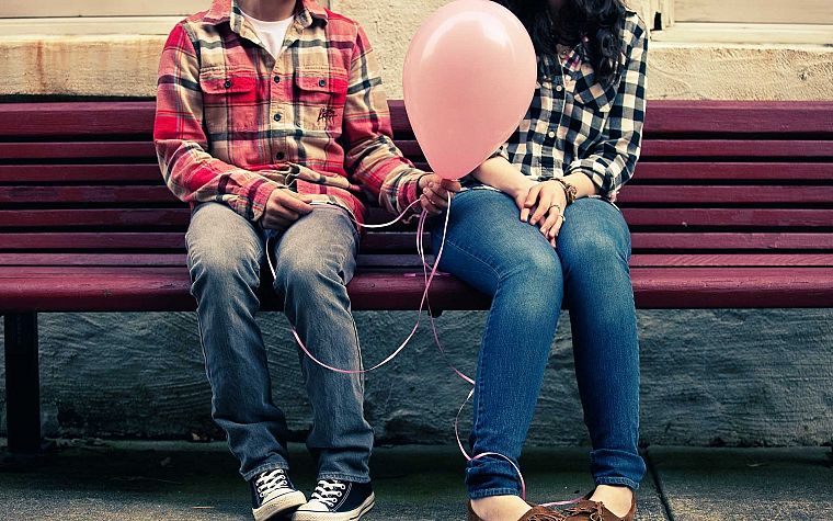 women, love, bench, balloons - desktop wallpaper