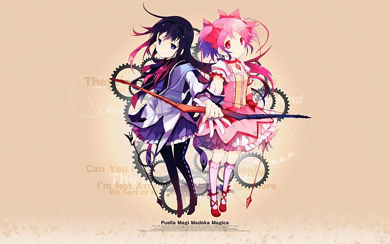skirts, pink hair, Mahou Shoujo Madoka Magica, Kaname Madoka, anime, Akemi Homura, anime girls, bow (weapon) - desktop wallpaper
