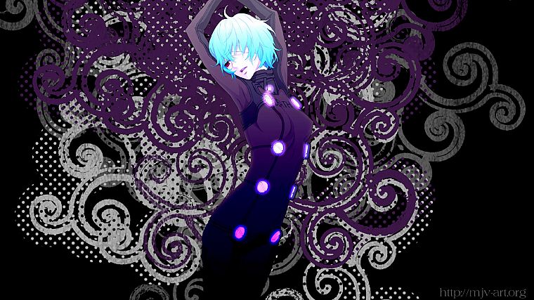 dark, Ayanami Rei, Neon Genesis Evangelion, blue hair, glowing, red eyes, short hair, plugsuit, bodysuits, armpits, bandages, purple dress, anime girls, ornaments, arms raised - desktop wallpaper