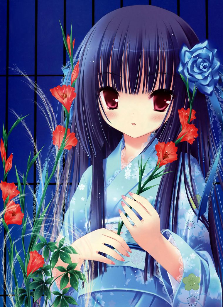 flowers, kimono, blue hair, red eyes, lolicon, anime, pink eyes, lolita fashion, Tinkle Illustrations, roses, anime girls, Oda Nobuna no Yabou - desktop wallpaper