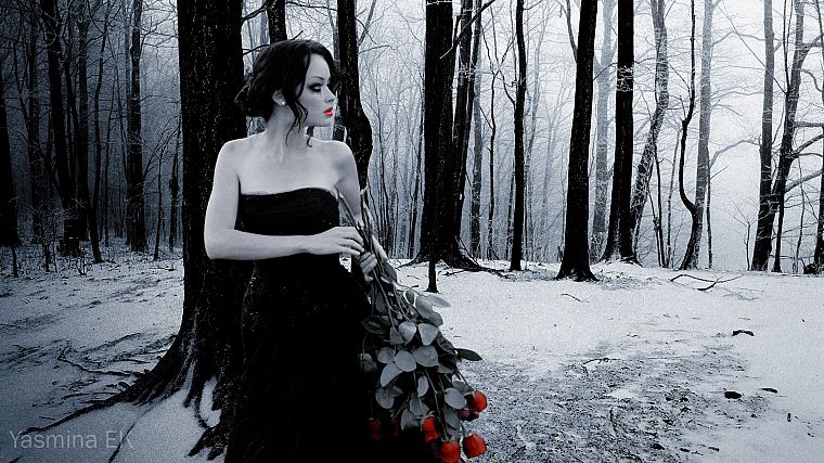 black, Alexis Bledel, white, forests, lips, Gothic, black dress, selective coloring, roses, hair up, smoky eyes - desktop wallpaper