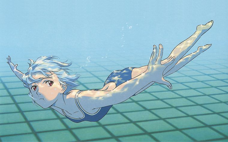 Ayanami Rei, Neon Genesis Evangelion, red eyes, swimming, swimsuits, anime girls, underwater - desktop wallpaper