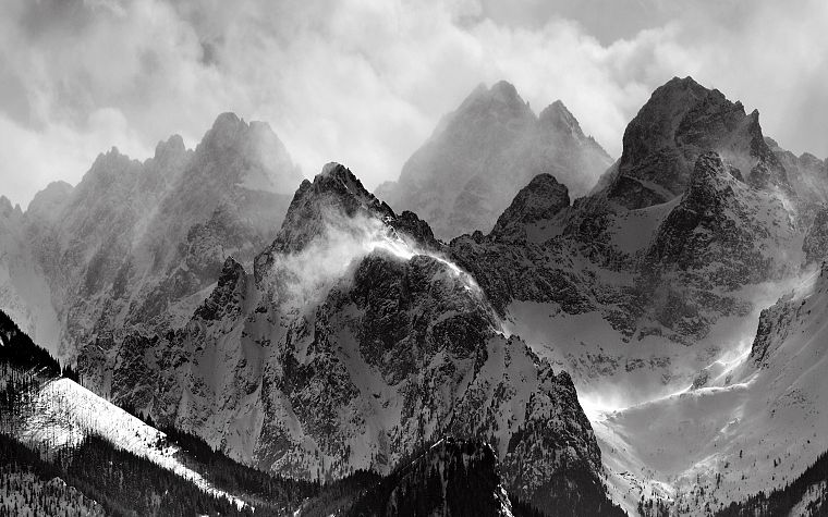 mountains, clouds, glacier, grayscale, monochrome - desktop wallpaper