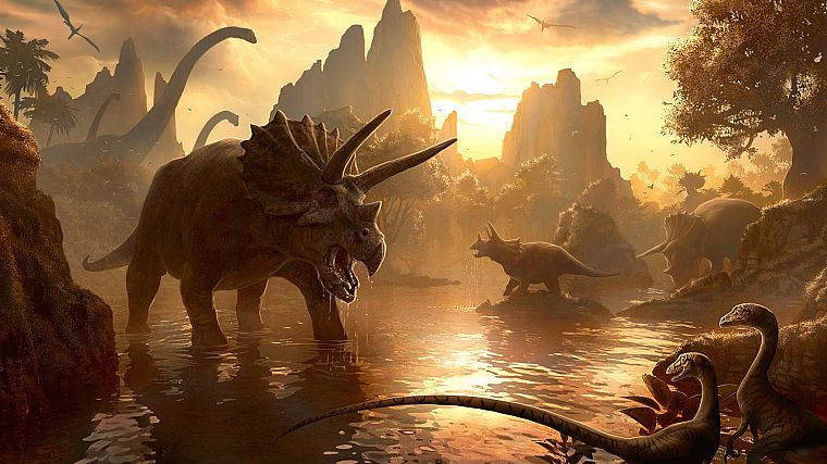 sunset, artistic, dinosaurs, realistic, raptors, triceratops, Pterodactyls, Diplodocus - desktop wallpaper