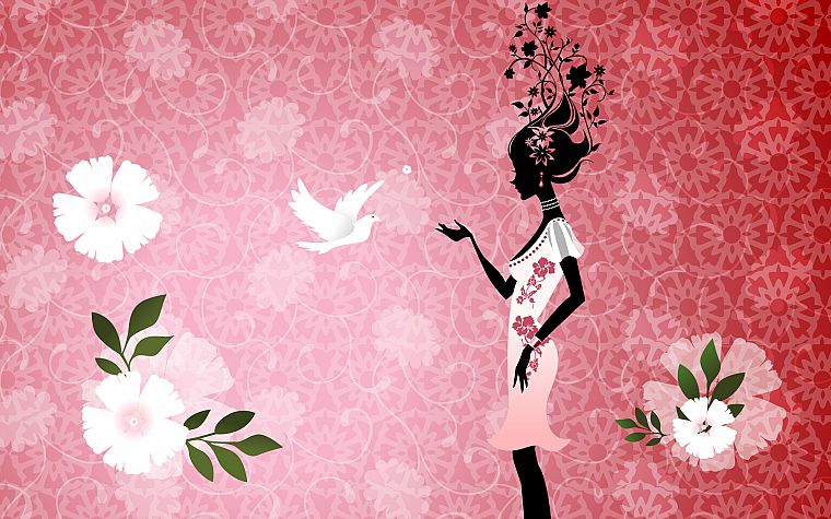 women, flowers, birds, leaves, patterns, sillhouette - desktop wallpaper
