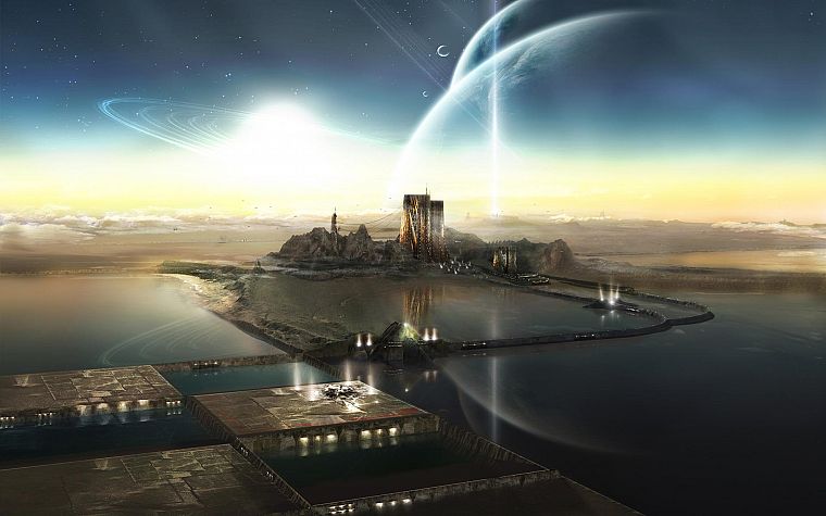 outer space, futuristic, planets, buildings, science fiction - desktop wallpaper