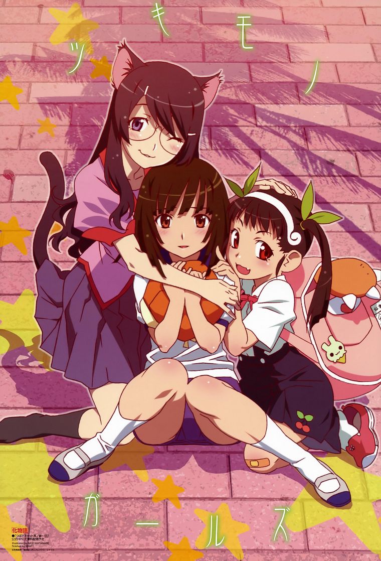 school uniforms, Bakemonogatari, Sengoku Nadeko, Hanekawa Tsubasa, Hachikuji Mayoi, anime, Monogatari series - desktop wallpaper