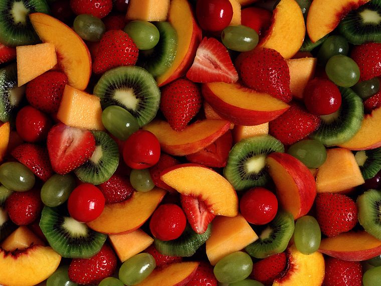 fruits, food, kiwi, strawberries - desktop wallpaper