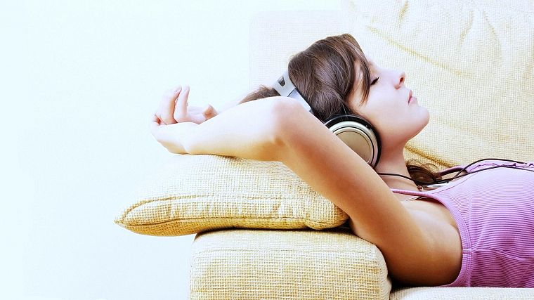headphones, women, couch, music - desktop wallpaper