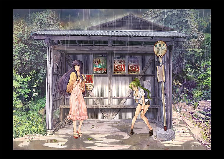 rain, wet, Higurashi no Naku Koro ni, long hair, blue hair, green hair, Furude Rika, Houjou Satoko - desktop wallpaper
