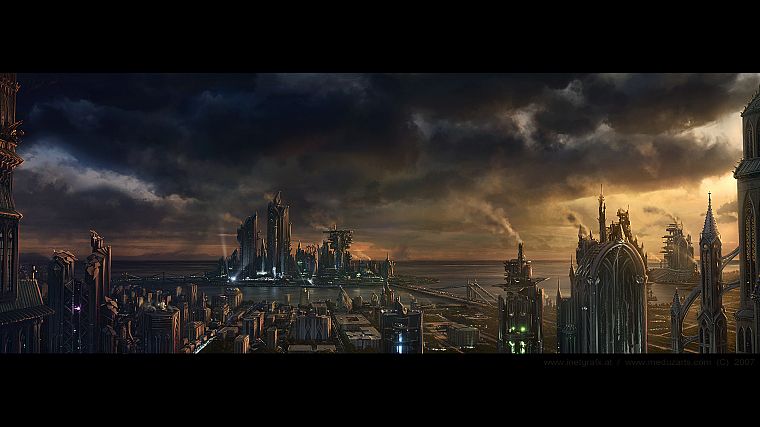 cityscapes, fantasy art, artwork, overcast, Daniel Kvasznicza - desktop wallpaper