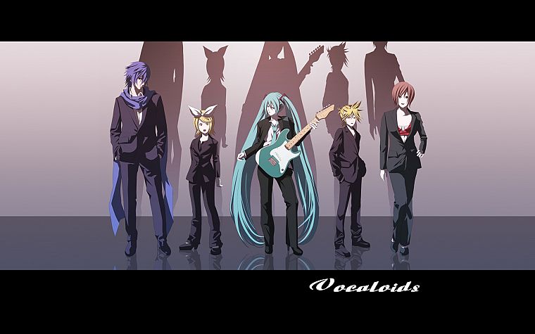 Vocaloid, Hatsune Miku, Kaito (Vocaloid), Kagamine Rin, Kagamine Len, guitars, Meiko - desktop wallpaper