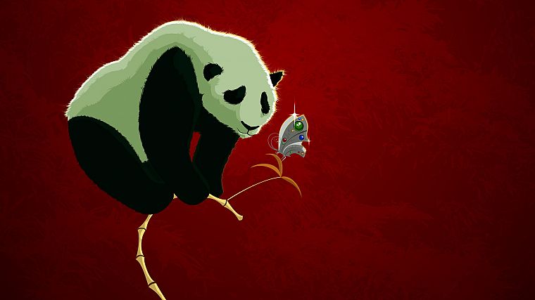 panda bears, butterflies - desktop wallpaper