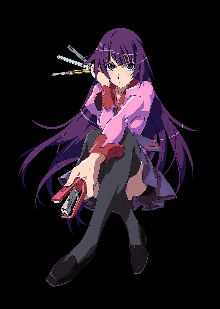 school uniforms, Bakemonogatari, purple hair, Senjougahara Hitagi, knives, simple background, staplers, black background - desktop wallpaper
