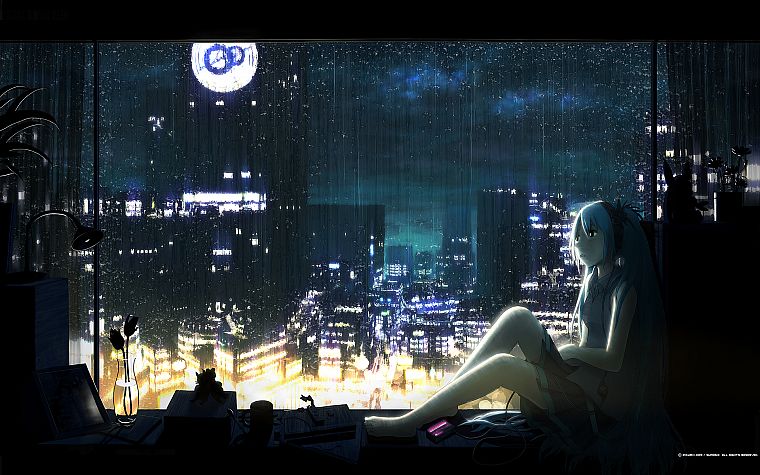 music, Vocaloid, rain, Hatsune Miku, barefoot, cities - desktop wallpaper