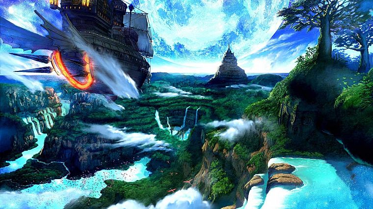 landscapes, ships, fantasy art, artwork, vehicles, waterfalls - desktop wallpaper