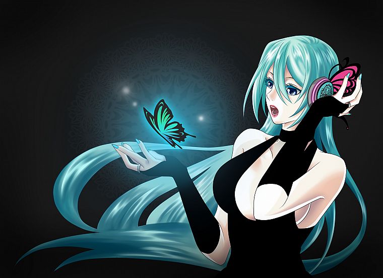 Vocaloid, Hatsune Miku, blue hair, black background, butterflies - desktop wallpaper