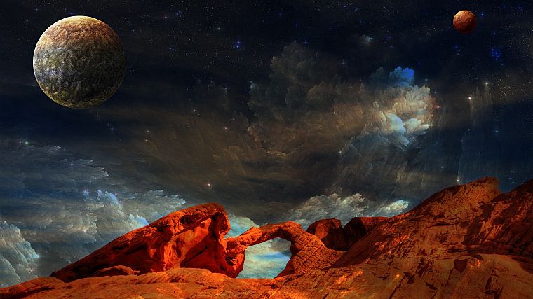 outer space, planets, rocks, artwork, photo manipulation - desktop wallpaper
