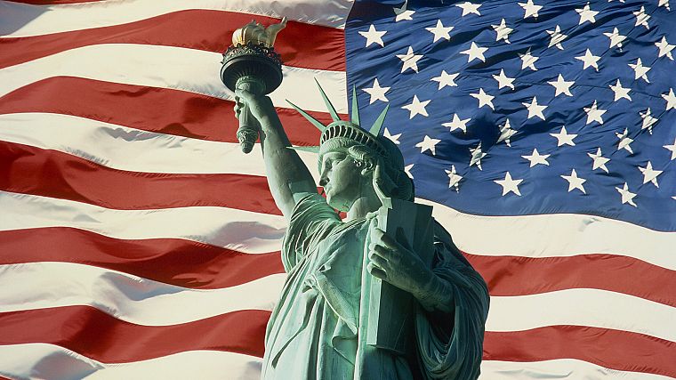 USA, Statue of Liberty, American Flag - desktop wallpaper