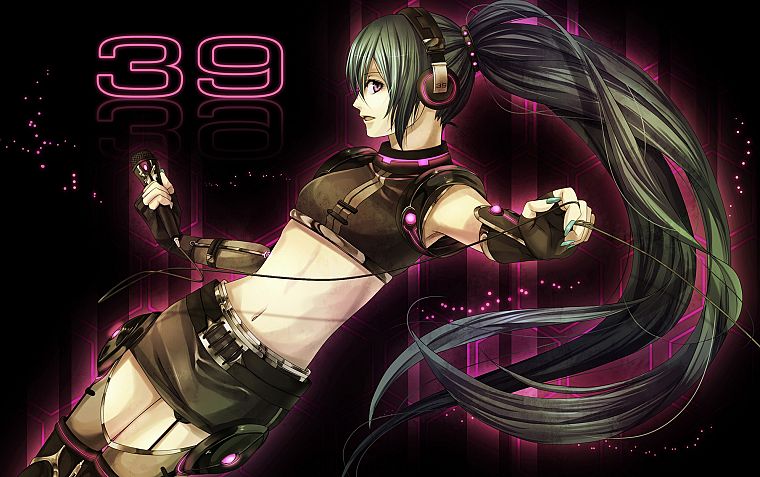 headphones, Vocaloid, gloves, Hatsune Miku, long hair, green hair, ponytails, bare shoulders - desktop wallpaper