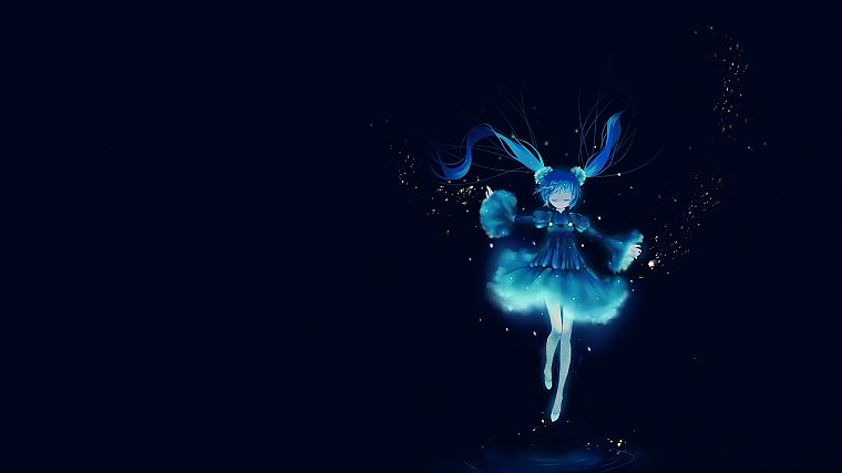 water, Vocaloid, Hatsune Miku, blue dress, simple background, anime girls, artist, blue background - desktop wallpaper