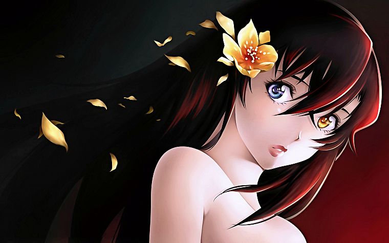 heterochromia, anime, Kurogane no Linebarrels, Kizaki Emi, hibiscus - desktop wallpaper