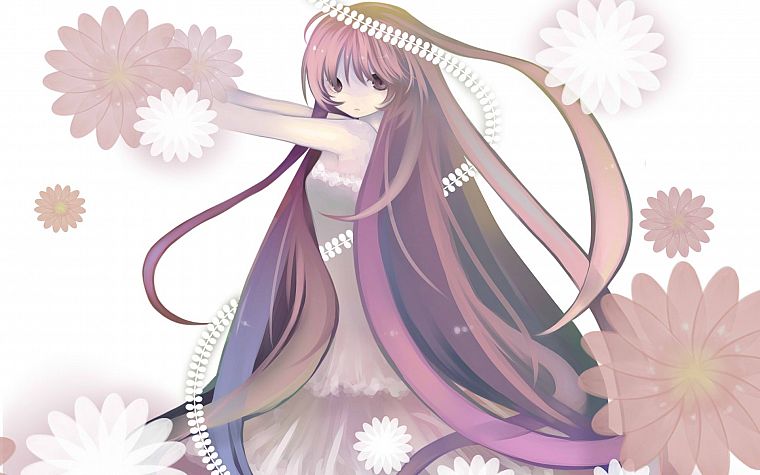 Vocaloid, dress, flowers, Megurine Luka, long hair, pink hair, pink eyes, white dress, anime girls, bare shoulders - desktop wallpaper