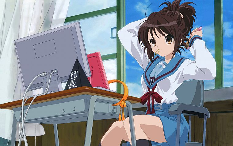 school uniforms, The Melancholy of Haruhi Suzumiya, sailor uniforms, Suzumiya Haruhi, knee socks - desktop wallpaper