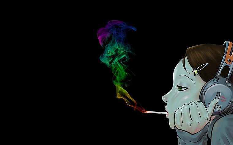 headphones, women, smoking, abstract, music, smoke, spectrum, marijuana, rainbows - desktop wallpaper