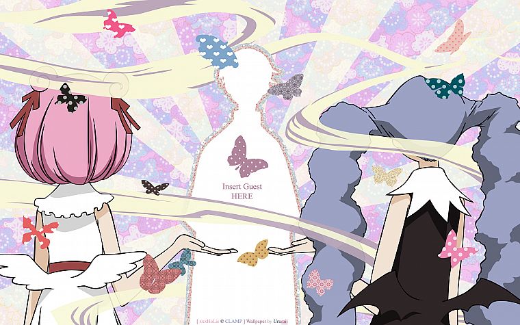 silhouettes, long hair, pink hair, short hair, twintails, xxxHolic, gray hair, hair ornaments, Watanuki Kimihiro, Maru (xxxHolic), Moro (xxxHolic) - desktop wallpaper