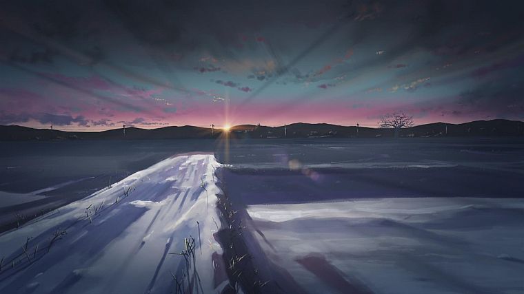 Japan, winter, snow, skylines, fields, Makoto Shinkai, 5 Centimeters Per Second, anime - desktop wallpaper