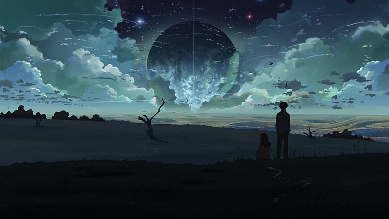 clouds, night, planets, Makoto Shinkai, couple, The Place Promised in Our Early Days - desktop wallpaper